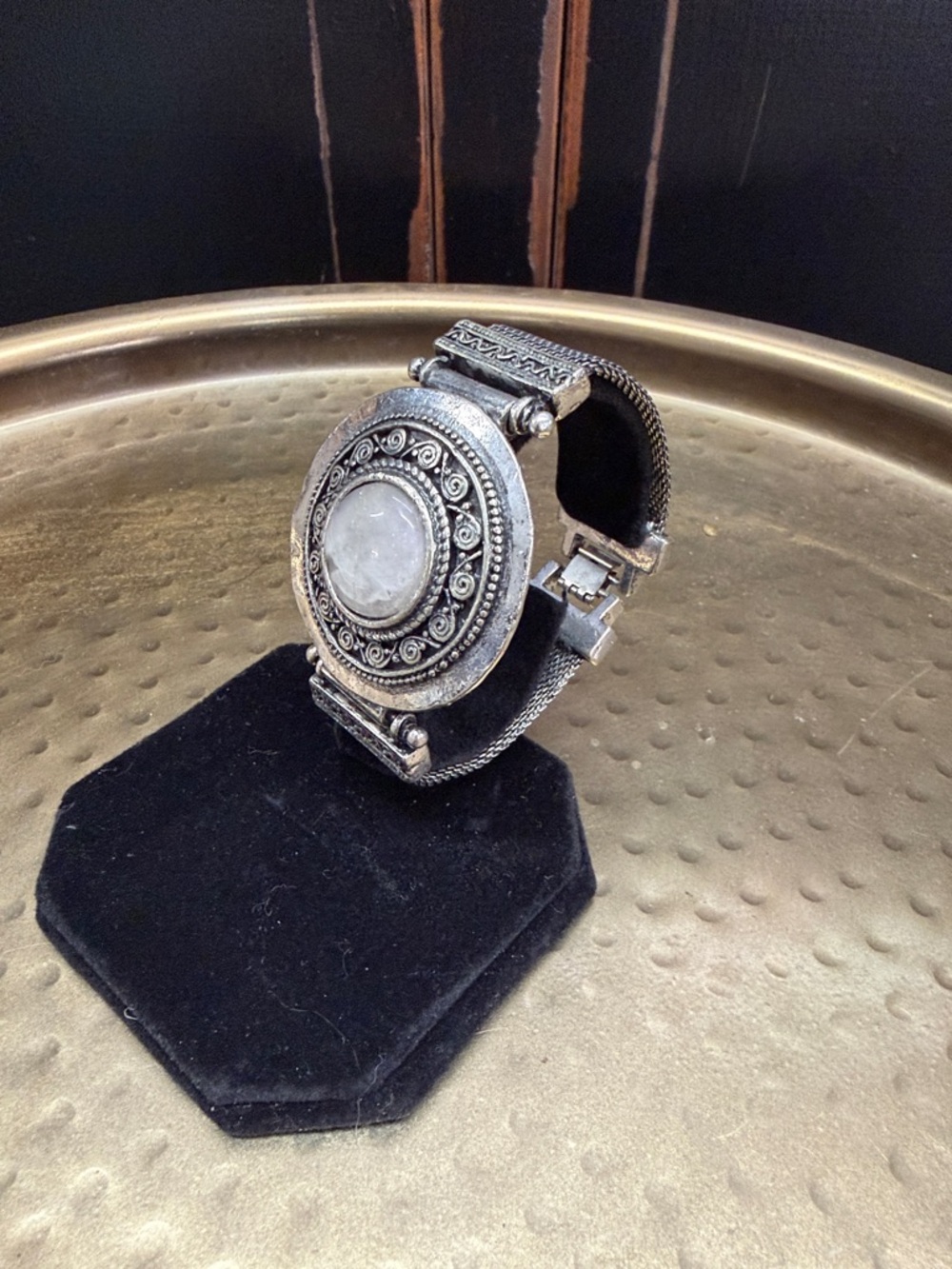 Boho Silver-Tone Statement Cuff Bracelet with MoonStone